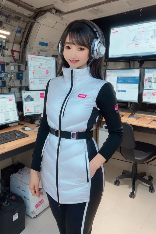 masterpiece, Highest quality, Very detailed, 8K Portrait,Japanese Android Girl,plump , Control panel,Robotic arms and legs, Blunt bangs,,break (Metallic Gray, Metallic luster, Mirror finish, Astro Best):5,headphone:5,break (Black sleeves):100,Smart Watches,Futuristic space station,Control Room,break headphone,blue eyes,(Black Hair):2,(Long Hair):1.3,Displaying the viewer,(respirator),break blush:3,Hidden Hand,smile