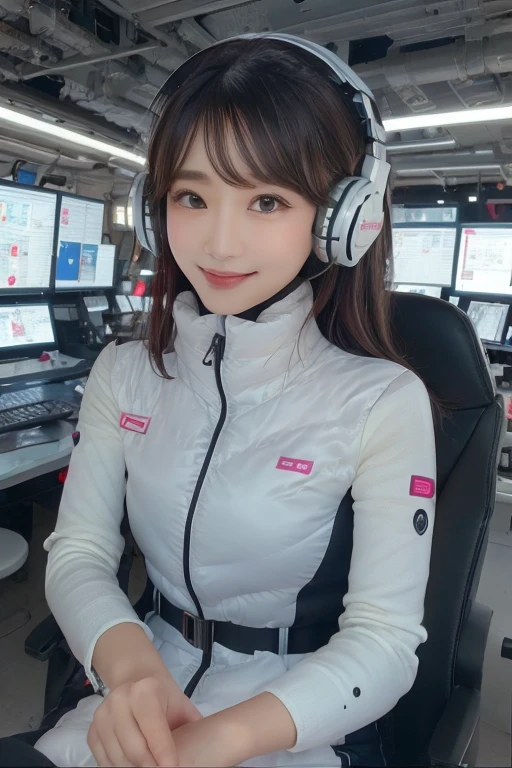masterpiece, Highest quality, Very detailed, 8K Portrait,Japanese Android Girl,plump , Control panel,Robotic arms and legs, Blunt bangs,,break (Metallic Gray, Metallic luster, Mirror finish, Astro Best):5,headphone:5,break (Black sleeves):100,Smart Watches,Futuristic space station,Control Room,break headphone,blue eyes,(Black Hair):2,(Long Hair):1.3,Displaying the viewer,(respirator),break blush:3,Hidden Hand,smile