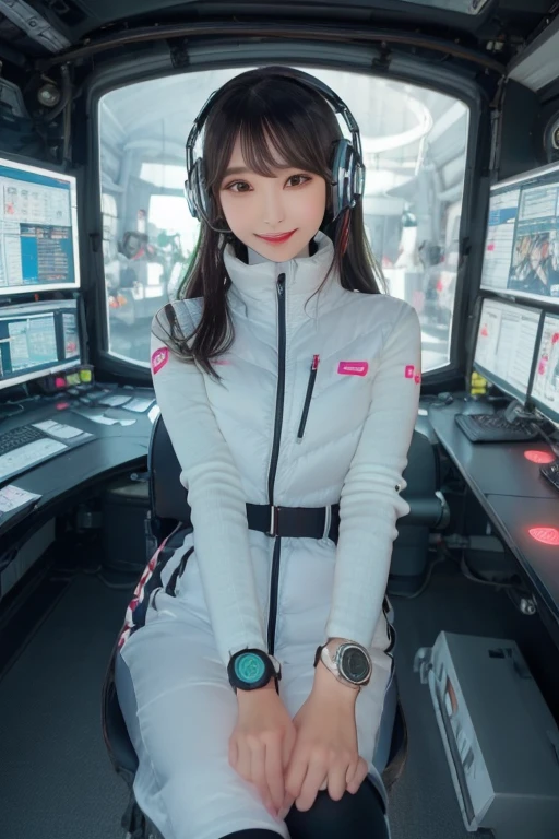 masterpiece, Highest quality, Very detailed, 8K Portrait,Japanese Android Girl,plump , Control panel,Robotic arms and legs, Blunt bangs,,break (Metallic Gray, Metallic luster, Mirror finish, Astro Best):5,headphone:5,break (Black sleeves):100,Smart Watches,Futuristic space station,Control Room,break headphone,blue eyes,(Black Hair):2,(Long Hair):1.3,Displaying the viewer,(respirator),break blush:3,Hidden Hand,smile