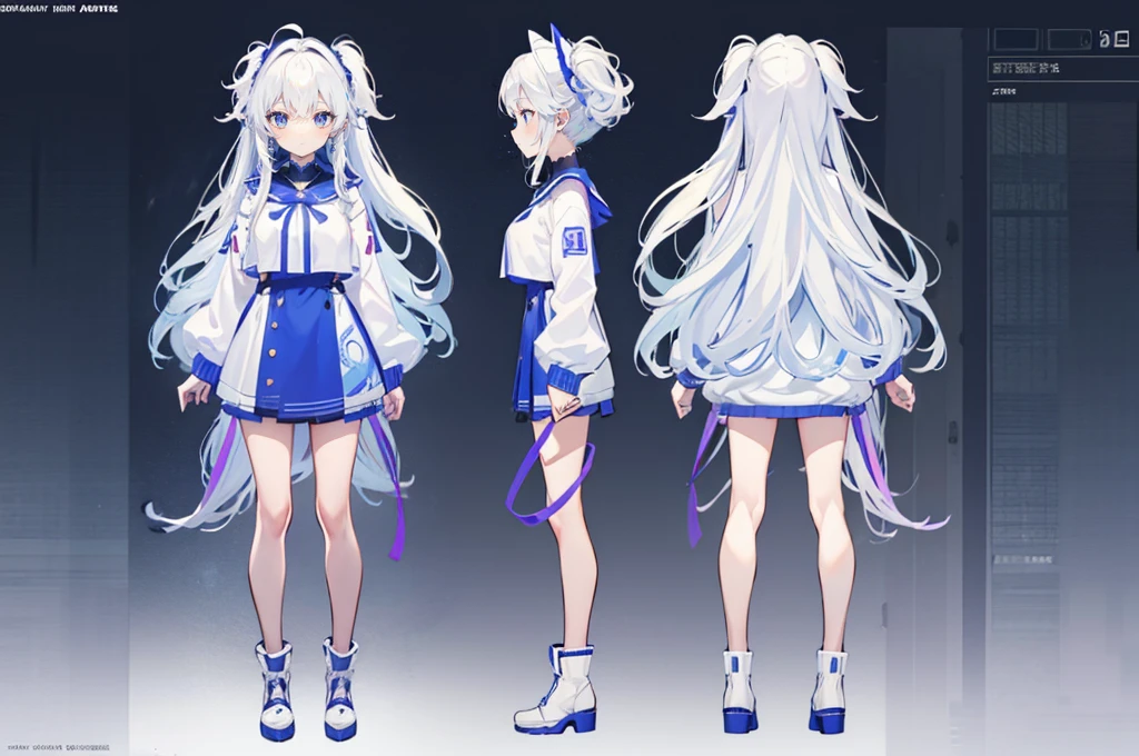 (masterpiece:1.2, best quality), 1woman, cute face, big eyes, round cubby cute face, smile, long legs, full body, adult mature female (long wavy white hair, (white-blue mullet 1.1)), (very long hair), blue eyes, (blue pupil,) gamer, light blue-purple sweater, headphone, girl style ((masterpiece)), (((best quality))), (character design sheet, same character full body, front, side, back), Illustration, hair color, bangs, hair fax, eyes, environment change, pose kota, female, game design character sheet for 2d game, full body, model sheet turnaround, full color, two thirds wiew, front::4 view and back view, high resolution, 8k, 4k, high quality