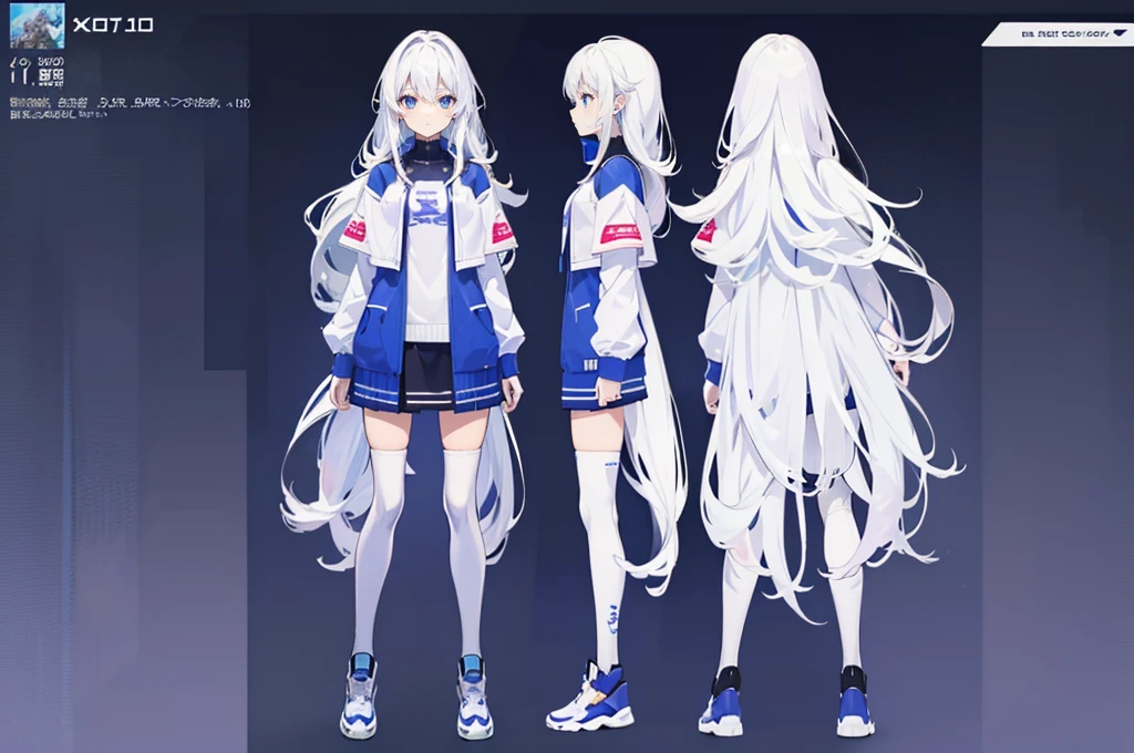 (masterpiece:1.2, best quality), 1woman, cute face, big eyes, round cubby cute face, smile, long legs, full body, adult mature female (long wavy white hair, (white-blue mullet 1.1)), (very long hair), blue eyes, (blue pupil,) gamer, light blue-purple sweater, headphone, girl style ((masterpiece)), (((best quality))), (character design sheet, same character full body, front, side, back), Illustration, hair color, bangs, hair fax, eyes, environment change, pose kota, female, game design character sheet for 2d game, full body, model sheet turnaround, full color, two thirds wiew, front::4 view and back view, high resolution, 8k, 4k, high quality