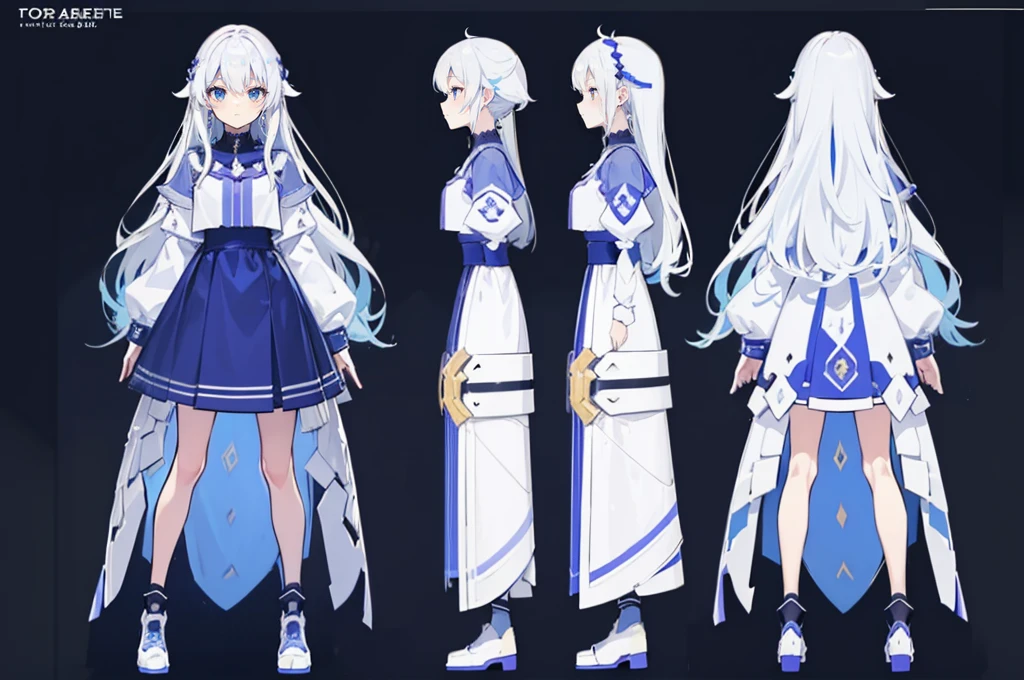 (masterpiece:1.2, best quality), 1woman, cute face, big eyes, round cubby cute face, smile, long legs, full body, adult mature female (long wavy white hair, (white-blue mullet 1.1)), (very long hair), blue eyes, (blue pupil,) gamer, light blue-purple sweater, headphone, girl style ((masterpiece)), (((best quality))), (character design sheet, same character full body, front, side, back), Illustration, hair color, bangs, hair fax, eyes, environment change, pose kota, female, game design character sheet for 2d game, full body, model sheet turnaround, full color, two thirds wiew, front::4 view and back view, high resolution, 8k, 4k, high quality
