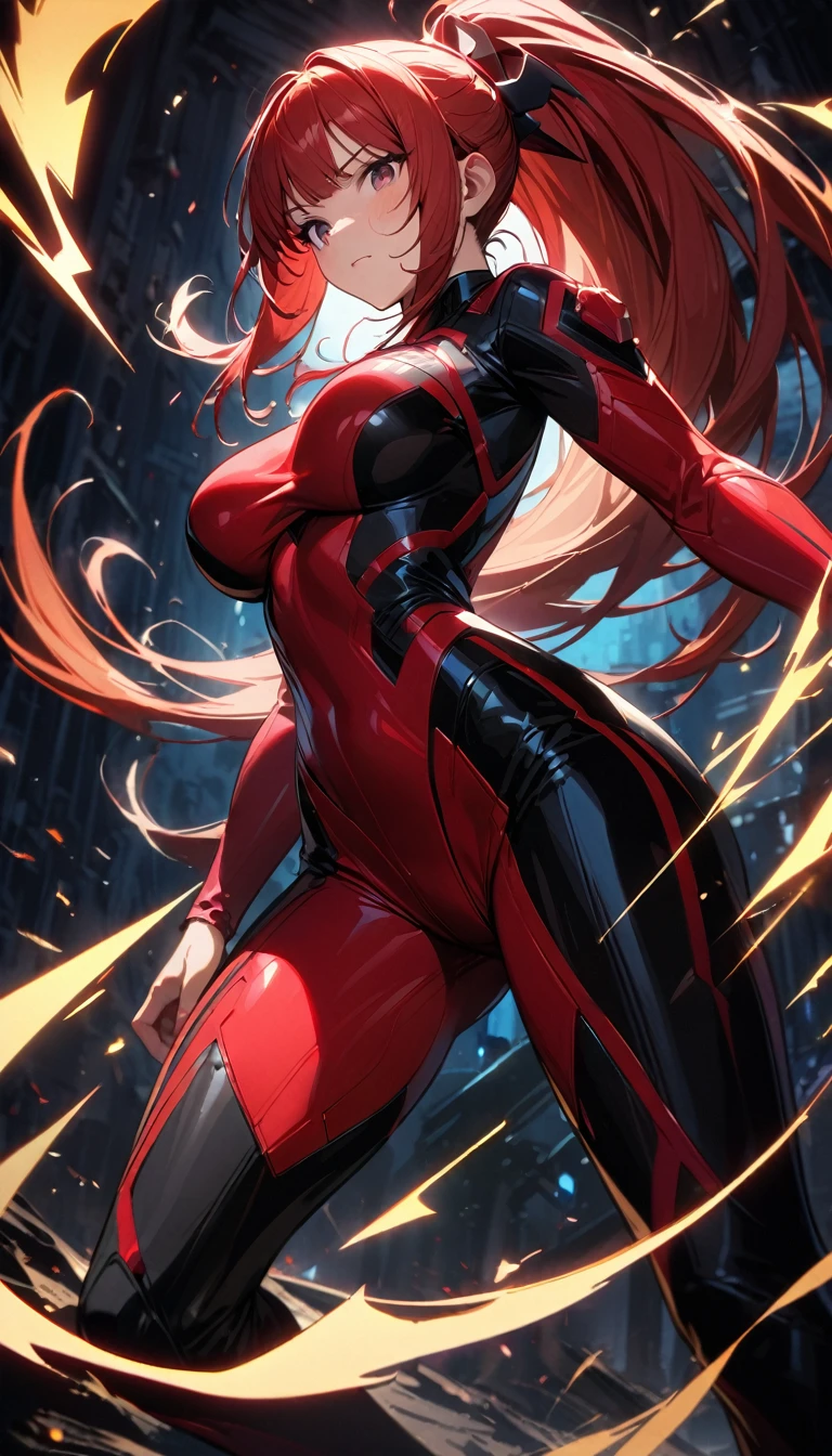 1girl,solo,super detailed skin,shiny skin,natural face, ,eyelashes,lips gloss,red hair,long hair,parted bangs ,large breasts ,ninja style ,body suit,fishnet,contrapposto,night bridge,large moon,masterpiece,best quality,ultra detailed,high resolution,sharp focus