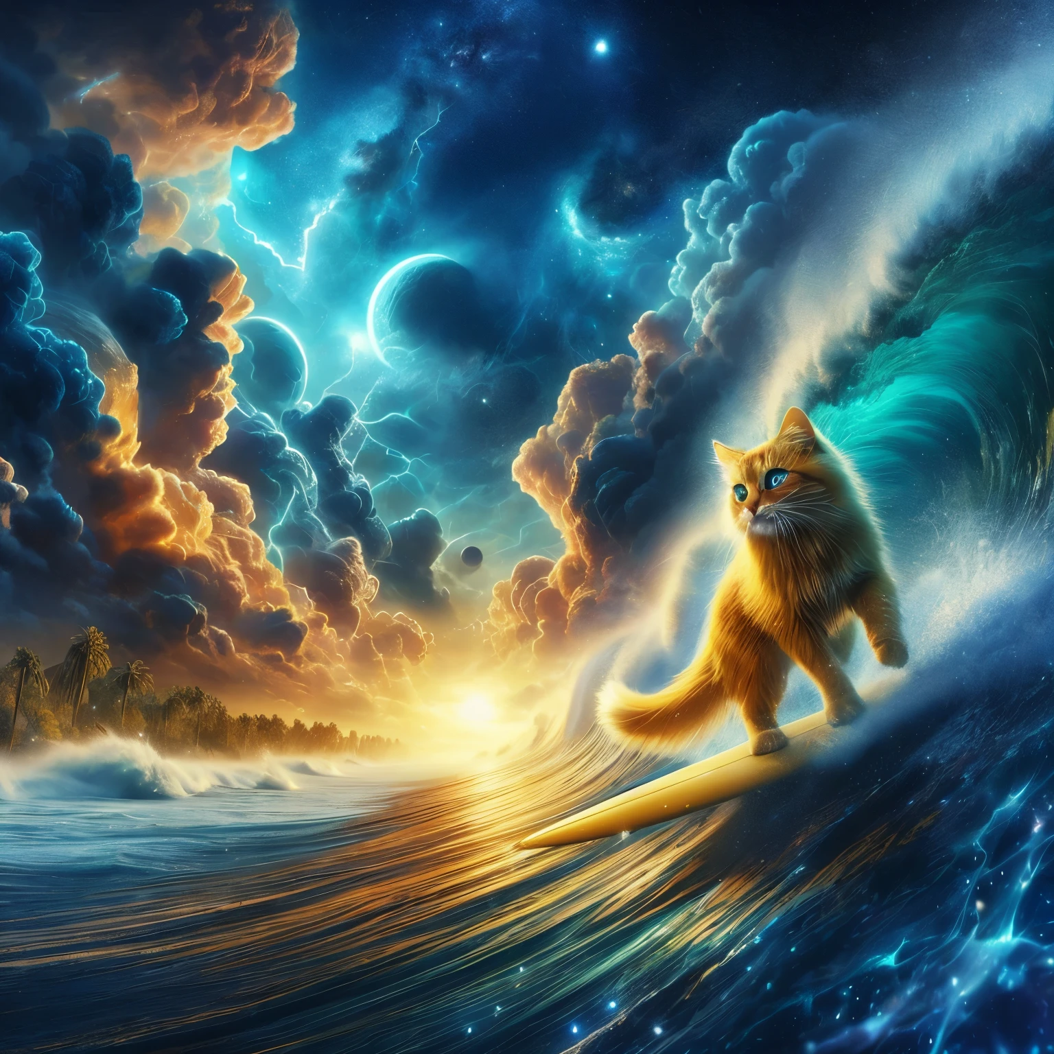 the bravest wild surfboarding yellow cat in a dramatic storm, 8k resolution, all the planets of the universe all the flowers of the sea all the beauty of this glowing earth for only few to see.
