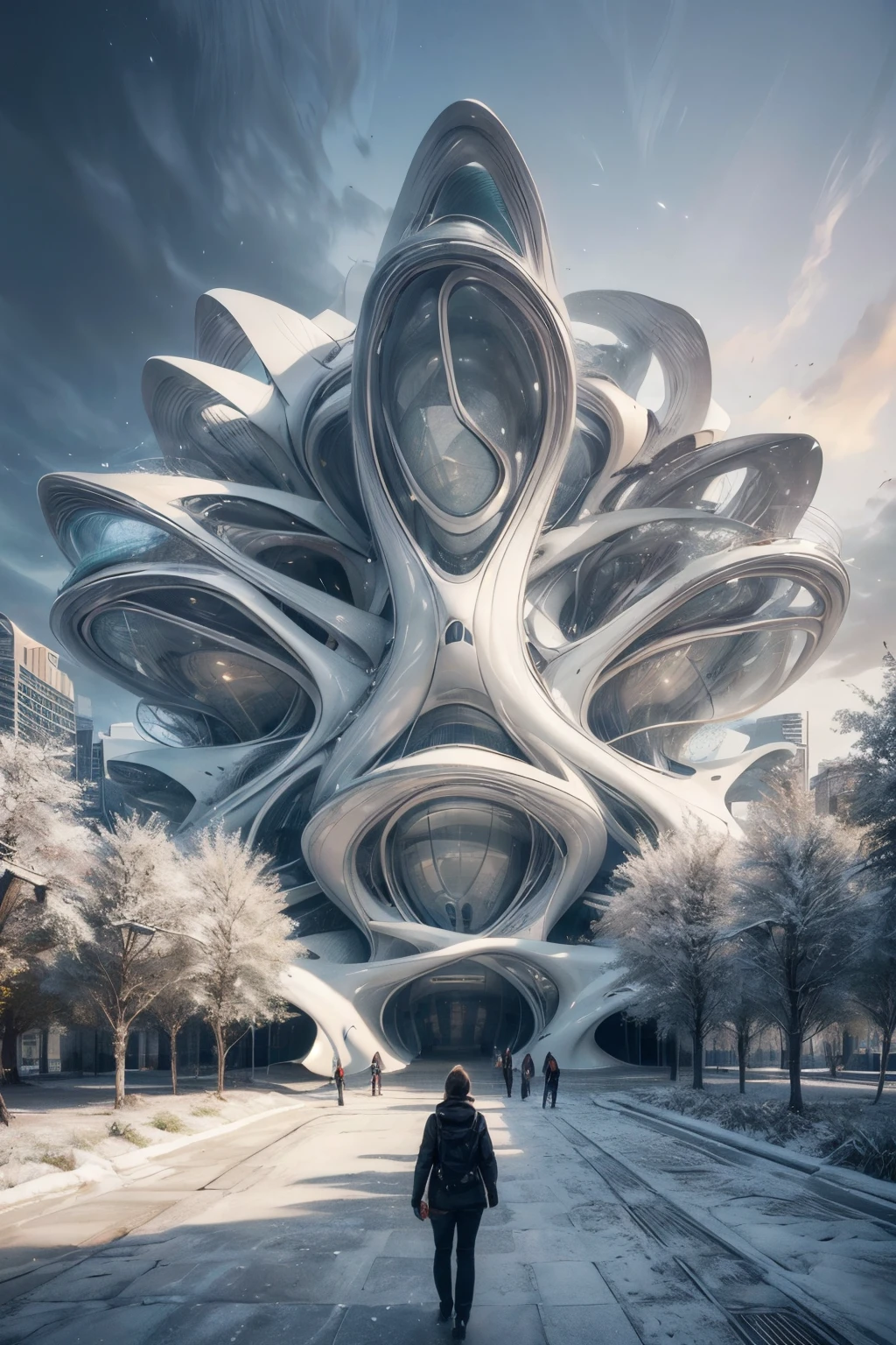 ((Best Quality)), ((Masterpiece)), (detailed), Front facade exterior far away view, concert hall in a the center of cosmopolitan city, organic form, forma parametric, white and modern materials, large crystals, zaha hadid architects ola shape, minimalistic curves