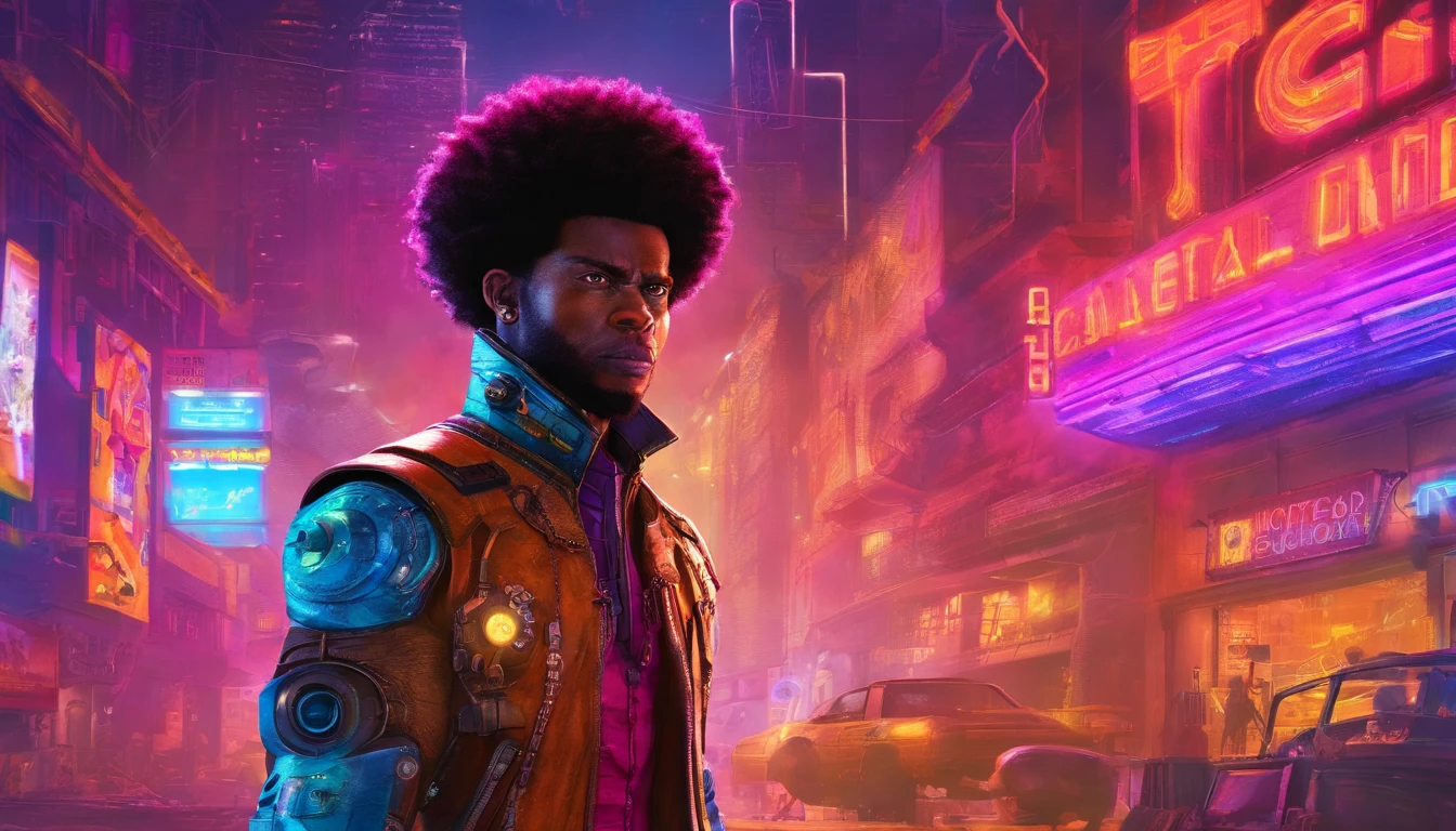 afro man, afro hair, Dark fantasy, cyberpunk, Mechanical Marvel, Robotic Presence, Cyber Guardian, wearing a weathered mechanical suit, intricate, (rusty steel metal), elegant, Bright Focus, shot by Greg Rutkowski, soft lighting, vibrant colors , masterpiece, street, cowboy shot, dynamic pose.