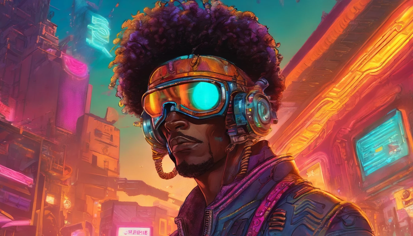 afro man, afro hair, Dark fantasy, cyberpunk, Mechanical Marvel, Robotic Presence, Cyber ​​Guardian, wearing a weathered mechanical suit, intricate, (rusty steel metal), elegant, Bright Focus, shot by Greg Rutkowski, soft lighting, vibrant colors , masterpiece, street, cowboy shot, dynamic pose.