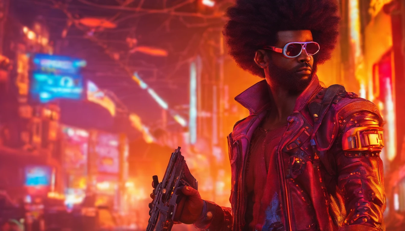 afro man, afro hair, Dark fantasy, cyberpunk, Mechanical Marvel, Robotic Presence, Cyber Guardian, wearing a weathered mechanical suit, intricate, (rusty steel metal), elegant, Bright Focus, shot by Greg Rutkowski, soft lighting, vibrant colors , masterpiece, street, cowboy shot, dynamic pose.