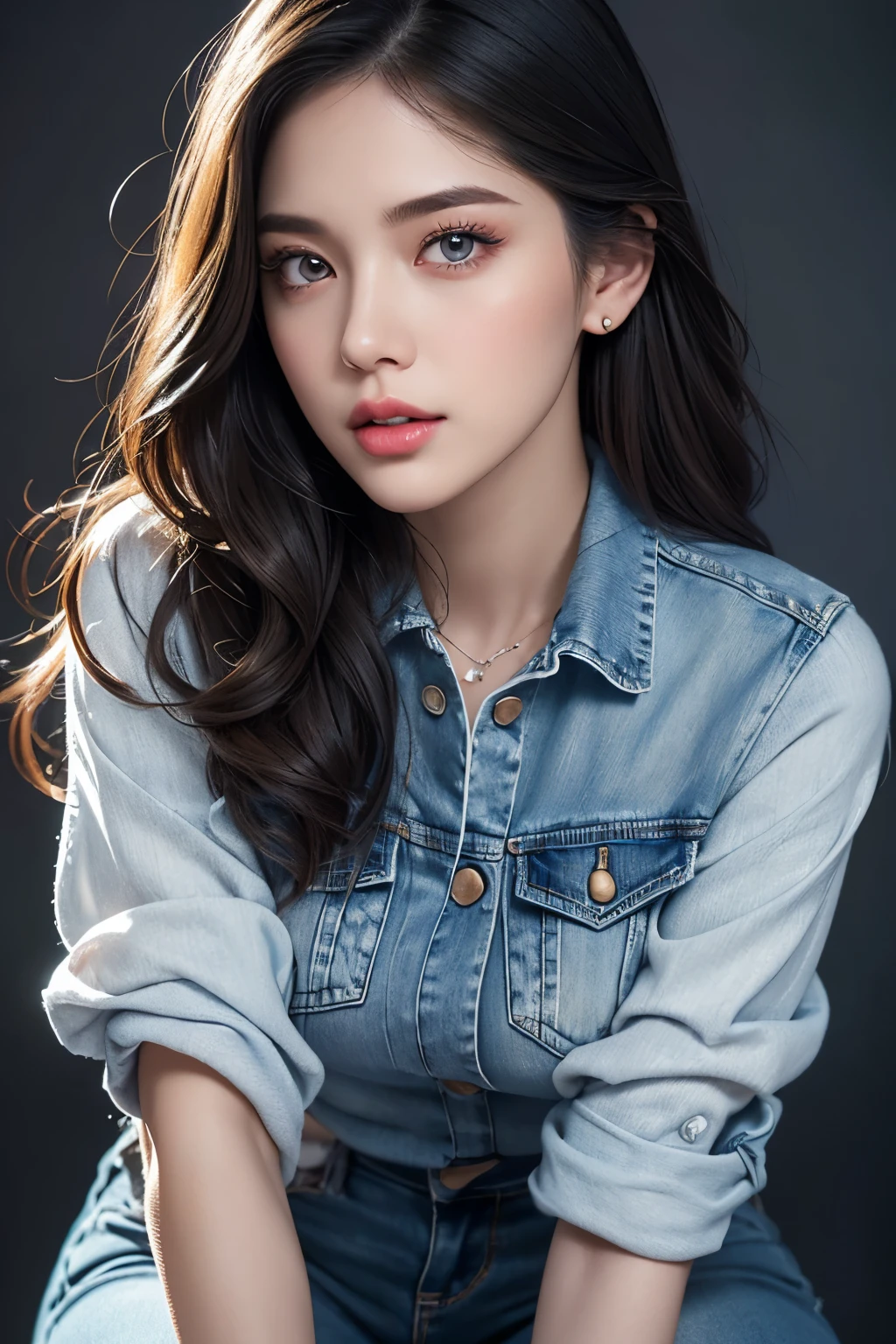 A woman in tight blue jeans, thick legs, sexy and wearing white sneakers, highly detailed, photorealistic, beautiful detailed eyes, beautiful detailed lips, extremely detailed face and eyes, long eyelashes, dynamic pose, intricate clothing folds, studio lighting, color grading, cinematic composition, vibrant colors, sharp focus