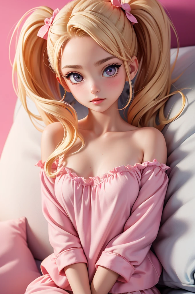 (bed) hyperrealistic  american teen, blonderfect tiny body, sexy, dark makeup, perfect slim face, big red lips, very cute face, tiny body, big eyes, young looking, childish looking, sexy pink pijama top, pink pijama panty, two ponytails, perfect belly, very big tits, deep neckline, no NSFW
