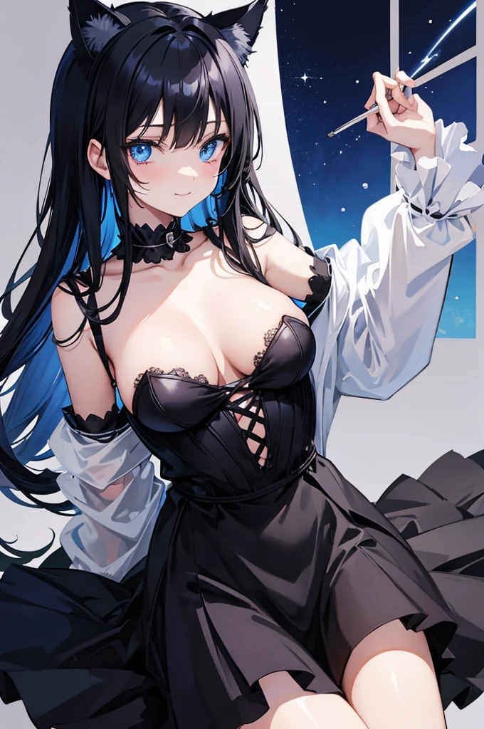 anime girl vtuber black hair blue eyes, in a blue room with gothic clothing cat ears smiling with a cat in her hands
