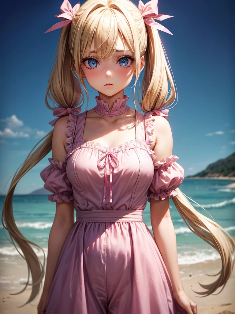 An adult girl with dull blonde hair, hairstyle in two low pigtails adorned with faded pink ribbons. Her blue eyes, although once resplendent, now they reflect a deep melancholy and sadness. Designed in the style of Dragon Ball Z, She wears a pink jumpsuit dress that, although nice, It doesn't seem to bring him joy.. Wear a pink hat as an accessory, slightly twisted, adding a touch of carelessness to your appearance. The scene takes place in his room, a small, dark space, with curtains that  let in the daylight. The walls are  and gray, with just a couple of old and torn posters. The bed is unmade, with wrinkled bedspreads and scattered pillows. The girl is sitting on the floor, huddled against a wall, holding her white cat with green eyes in her arms. The cat, in contrast to the sadness of the environment, seems to be your only consolation, looking at her with eyes full of understanding and affection. The scene should capture the iconic style of the anime, but with a focus on the depressing atmosphere and the emotional connection between the girl and her cat.