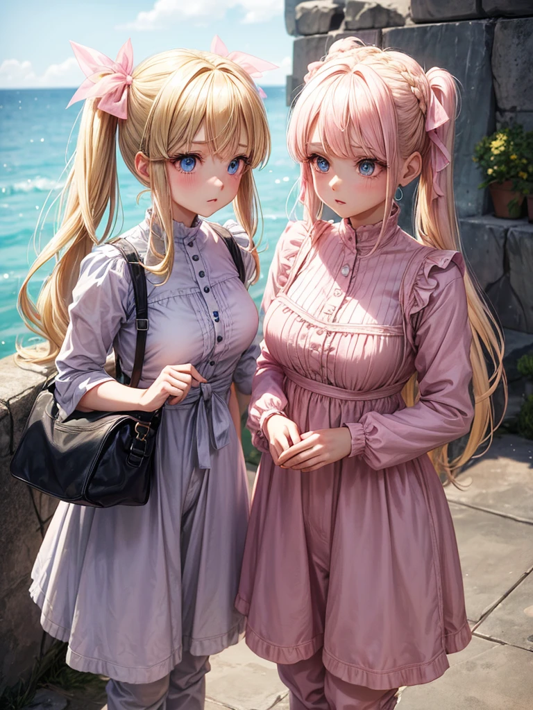 An adult girl with dull blonde hair, hairstyle in two low pigtails adorned with faded pink ribbons. Her blue eyes, although once resplendent, now they reflect a deep melancholy and sadness. Designed in the style of Dragon Ball Z, She wears a pink jumpsuit dress that, although nice, It doesn't seem to bring him joy.. Wear a pink hat as an accessory, slightly twisted, adding a touch of carelessness to your appearance. The scene takes place in his room, a small, dark space, with curtains that barely let in the daylight. The walls are bare and gray, with just a couple of old and torn posters. The bed is unmade, with wrinkled bedspreads and scattered pillows. The girl is sitting on the floor, huddled against a wall, holding her white cat with green eyes in her arms. The cat, in contrast to the sadness of the environment, seems to be your only consolation, looking at her with eyes full of understanding and affection. The scene should capture the iconic style of the anime, but with a focus on the depressing atmosphere and the emotional connection between the girl and her cat.