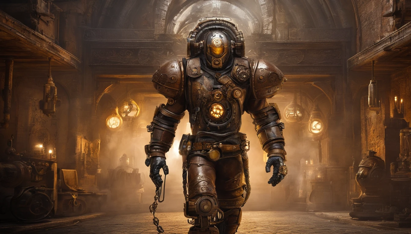 afro man, afro hair, Dark fantasy, cyberpunk, Mechanical Marvel, Robotic Presence, Cyber Guardian, wearing a weathered mechanical suit, intricate, (rusty steel metal), elegant, Bright Focus, shot by Greg Rutkowski, soft lighting, vibrant colors , masterpiece, street, cowboy shot, dynamic pose.