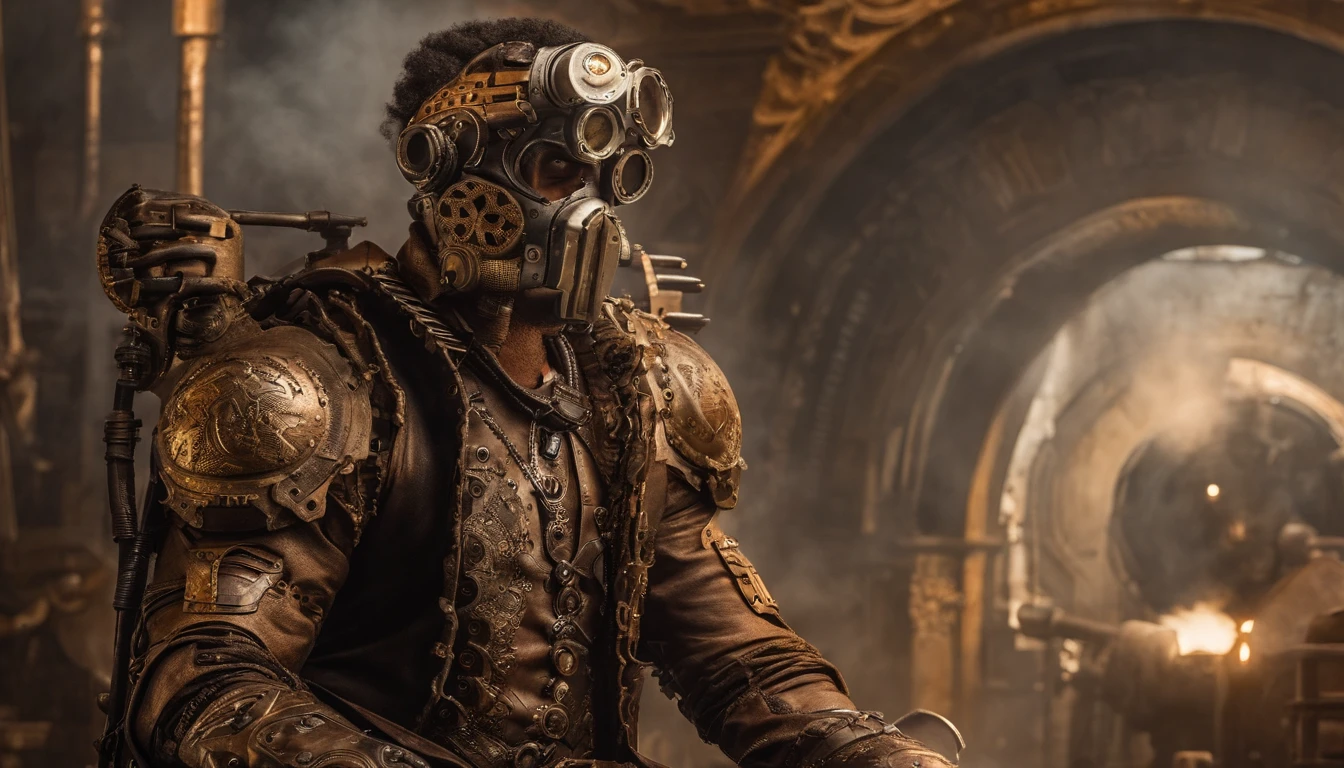 afro man, afro hair, Dark fantasy, cyberpunk, Mechanical Marvel, Robotic Presence, Cyber Guardian, wearing a weathered mechanical suit, intricate, (rusty steel metal), elegant, Bright Focus, shot by Greg Rutkowski, soft lighting, vibrant colors , masterpiece, street, cowboy shot, dynamic pose.