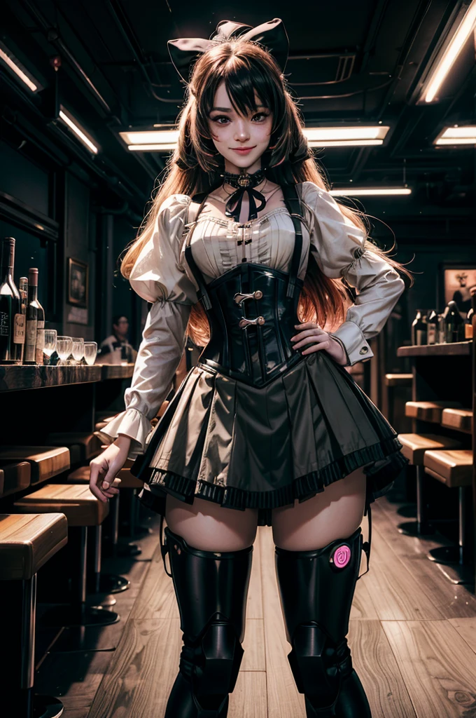 cowboy shot,  smile,  underbust, Penny Polendina, long hair, neck ribbon, suspender skirt, corset, black bow, white blouse, mechanical legs, neon trim, indoors, in cyberpunk wine bar, crowd, (crowd wearing cyberpunk fashion)

