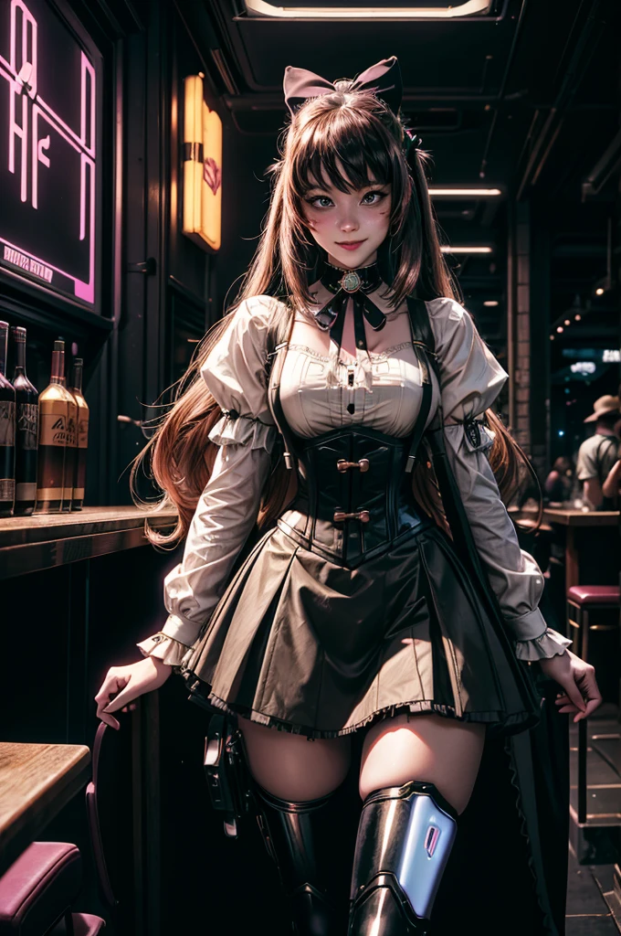cowboy shot, smile, underbust, Penny Polendina, long hair, neck ribbon, suspender skirt, corset, black bow, white blouse, mechanical legs, neon trim, indoors, in cyberpunk wine bar, crowd, (crowd wearing cyberpunk fashion)