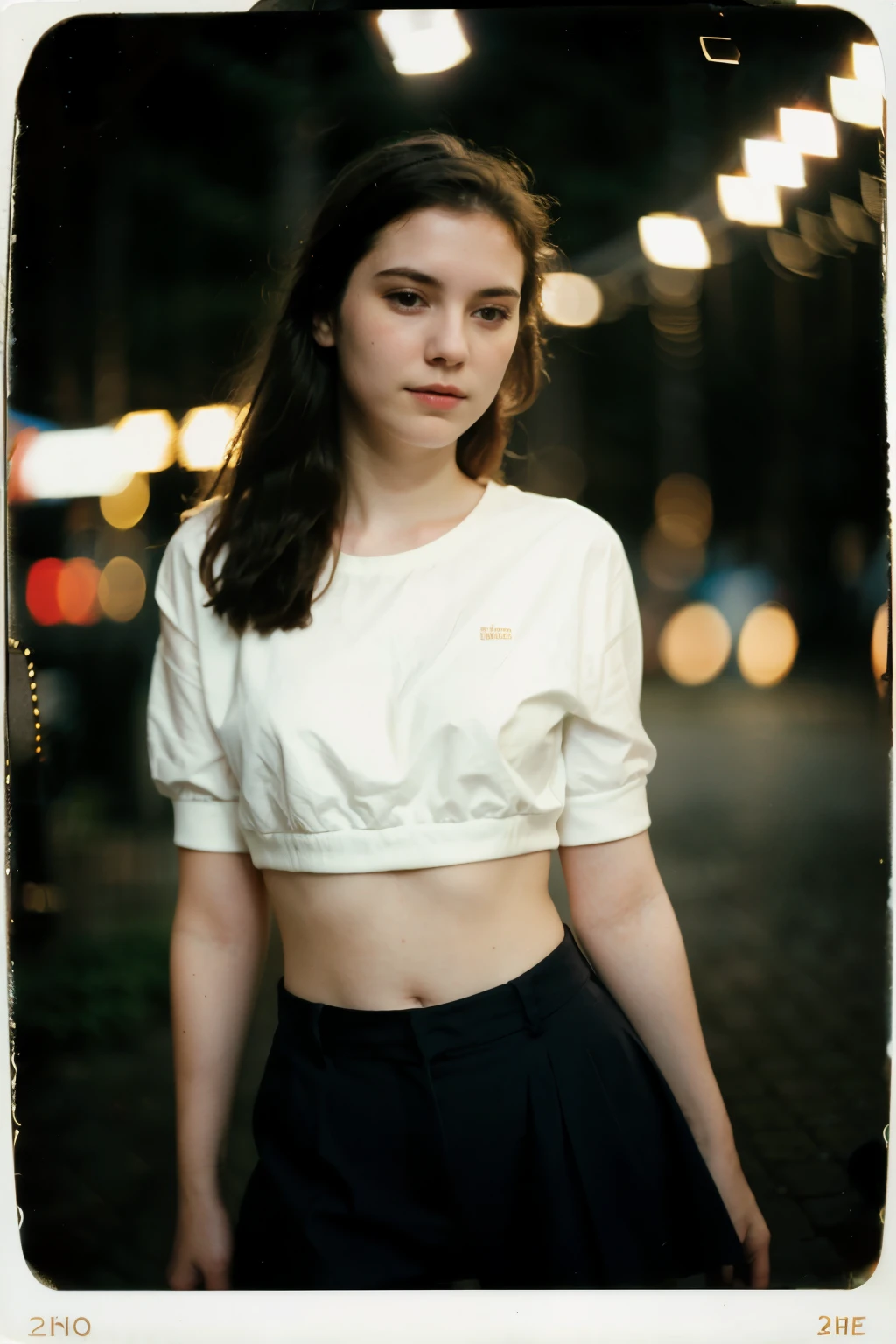 photo polaroid, night photo, 24 year old photo.oh beautiful woman, pale skin, bokeh, motion blur