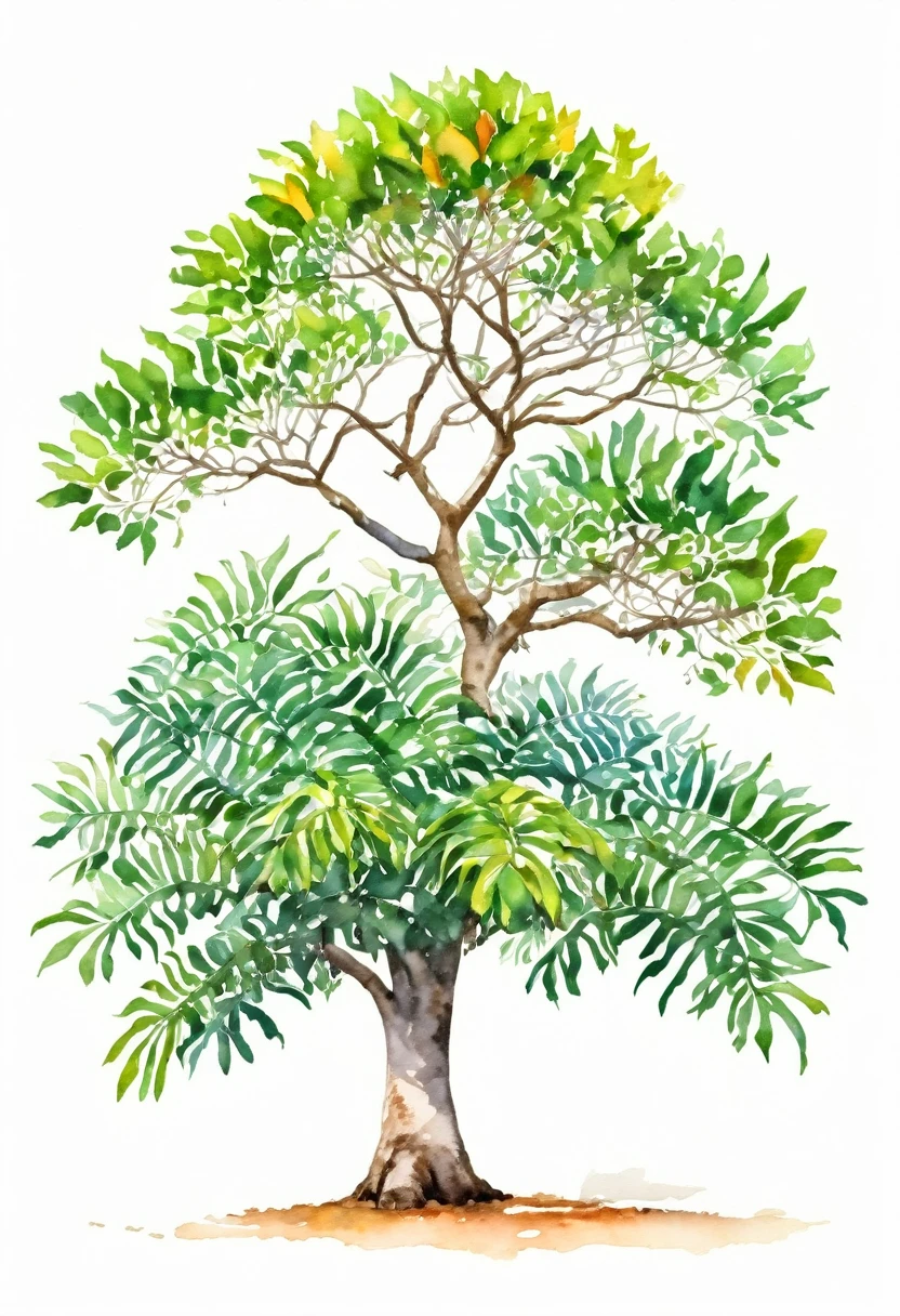 watercolor of a FRONDOUS CEIBA TREE tree unique beautifull image vivid colors white background