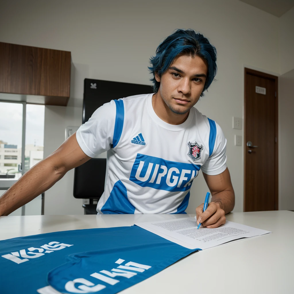 Create an ultra-realistic image of a young football player signing a contract with Flamengo. The player is white and has beautiful blue hair and a beautiful blue beard. The player is sitting at the table, holding a pen and looking directly at the camera, wearing a Flamengo Regatta Club shirt. Ao fundo, a panel with Flamengo logos, Adidas and Gatorade, highlighting the importance of the moment of signing the contract with the club.