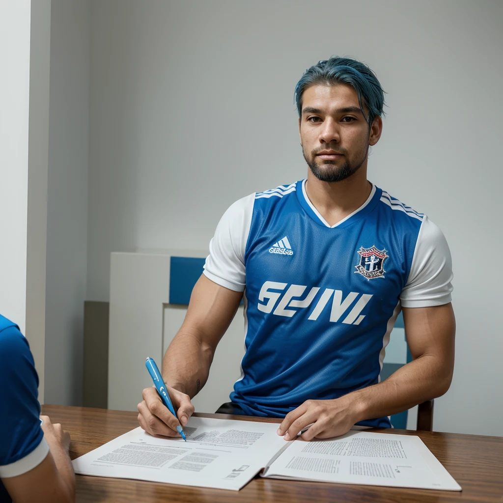 Create an ultra-realistic image of a young football player signing a contract with Flamengo. The player is white and has beautiful blue hair and a beautiful blue beard. The player is sitting at the table, holding a pen and looking directly at the camera, wearing a Flamengo Regatta Club shirt. Ao fundo, a panel with Flamengo logos, Adidas and Gatorade, highlighting the importance of the moment of signing the contract with the club.