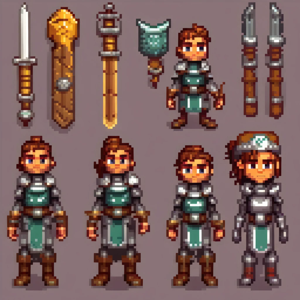 Create a 16-bit pixel art character based on the provided character, in a T-pose. The character should have a mix of rugged medieval elements and sleek, high-tech futuristic armor. Separate the energy sword and the large shield from the character, placing them to the side. The T-pose should clearly show the details of the armor, and the sword and shield should be distinct and recognizable.