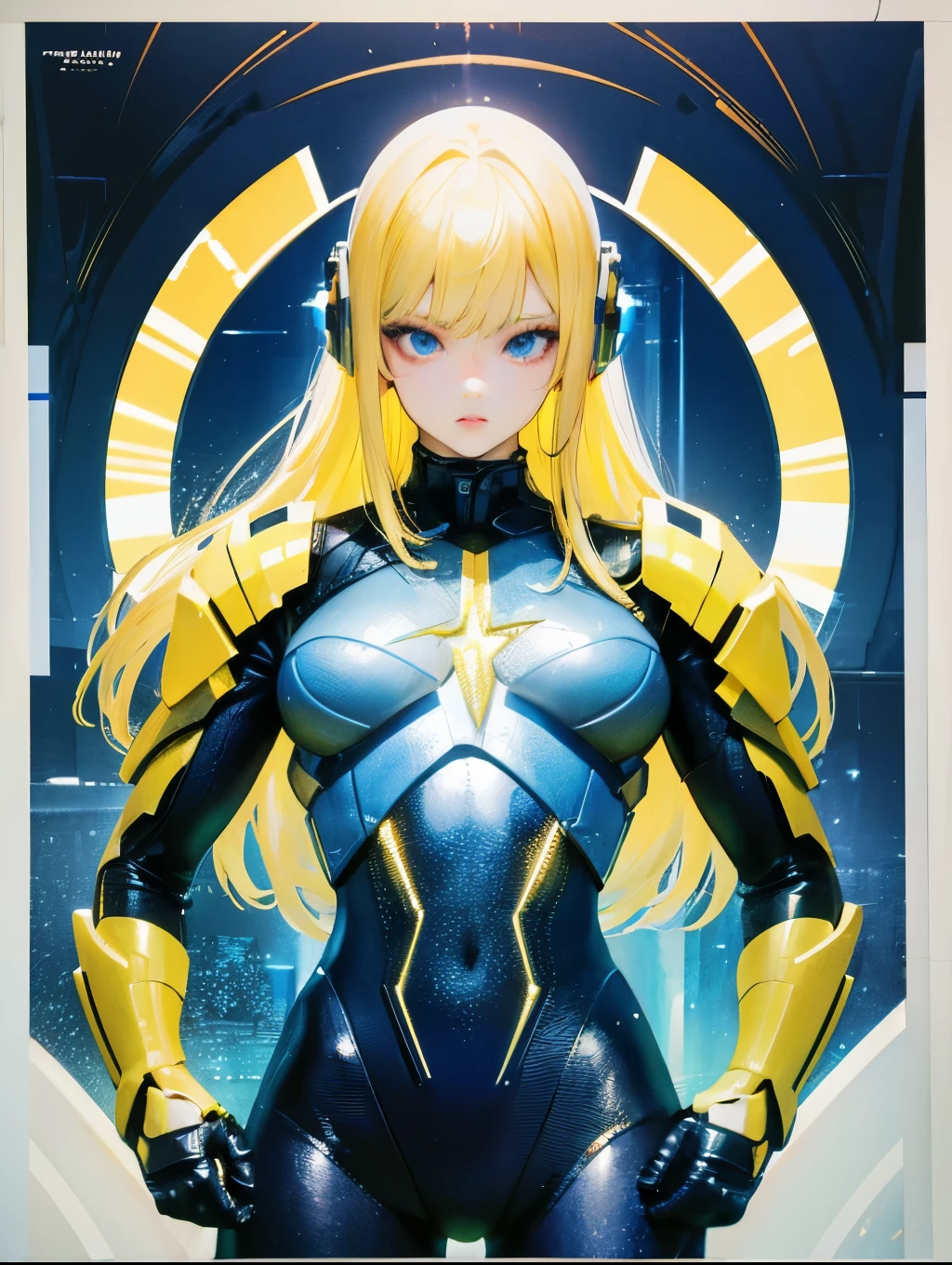 A beautiful young girl with yellow hair, a tight lightning-themed suit, and small breasts, wielding alien thunder weapons in a thunderstorm backdrop, (best quality,4k,8k,highres,masterpiece:1.2),ultra-detailed,(realistic,photorealistic,photo-realistic:1.37),extremely detailed eyes and face,beautiful detailed lips,longeyelashes,lightning effects,dynamic pose,dramatic lighting,vibrant colors,sci-fi,concept art