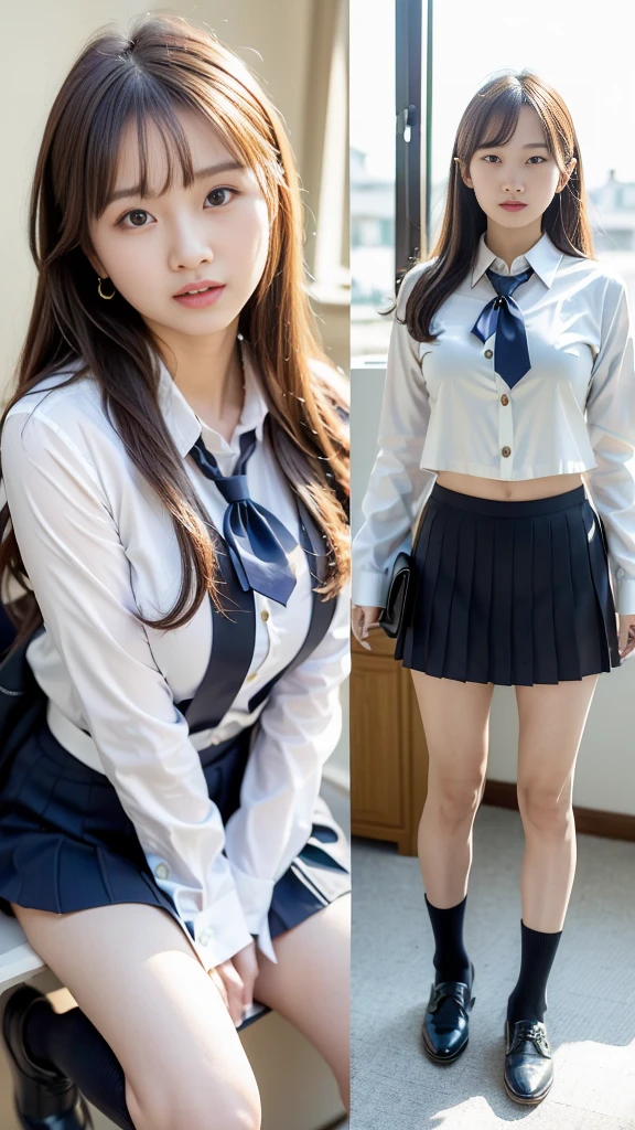mix4, (16K, Raw photography, Top image quality, masterpiece: 1.45), (realisitic, Photorealsitic: 1.37), one girls, cute little, A city scape,, profetional lighting, photon maping, school classrooms, physically-based renderingt, dark brown hair,pony tail hairstyle, Well-groomed and beautiful eyes、((double eyelid))、Transcendent Cute Girl, (((student clothes、blazers、Long sleeve shirt worn by Japan high school girl、Ribbon Ties、Dark blue mini skirt,、Dark blue socks、Black loafers))), Top Quality Photos, hight resolution, 1080P, (clearface), (Detailed face description), (Detailed hand description), (masterpiece), (Exquisite CG)、extreme light and shadows、dishevled hair、master work、abundant detail、(Fine facial features)、(top quality photo)、(masuter piece)、(A detailed eye)、Look in front of you、Fine clavicle、((Slender big))、(((Japan schoolgirls wear jackets and long-sleeved shirts)))、((Neat and clean idol))、((School Gate、school ground、School building in the background))、(Shooting from random perspectives)、(((Anyway cute)))、earrings、A big smile、Drawing the whole body from the knees、Do not draw nasolabial folds、(((Sports bags used by Japan schoolgirls)))、(Big breasts that hang down big:1.2)、Big buttocks with tension、Two arms and two legs、(((from the front side:0.7)))、bare hand、(((Left and right symmetrical eyes)))、Standing Pose、Put your hands on your desk、Do not take the tie out of the jacket、Raise your buttocks:1.5,barebacked:1.5,Brown Hair