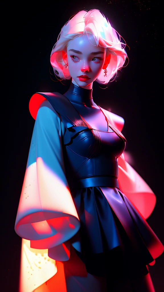hyper-realistic illustration of the highest quality, The perfect masterpiece, perfect work of art, 8k, (Upper body portrait: 1.5), (((Viewed from the front: 1.2))), close-up lens, delicate face , white-haired woman, (hakuhatsu: 1.3), long hair, raising arms, (black background: 1.3), dancer pose, bare chest dress, red dress with gold, pearl illusion, cyberpunk, fashion trend, 3s material,high definition,detailed rendering,c4d,3d,octane rendering,ray tracing,complex details,neon lights,animated lighting,OCRenderer,8k,