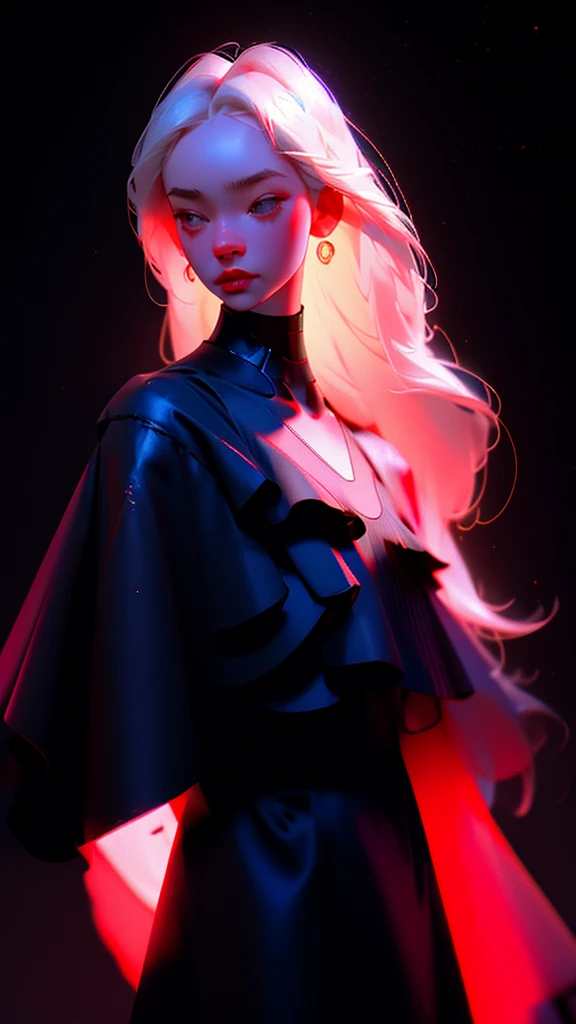 hyper-realistic illustration of the highest quality, The perfect masterpiece, perfect work of art, 8k, (Upper body portrait: 1.5), (((Viewed from the front: 1.2))), close-up lens, delicate face , white-haired woman, (hakuhatsu: 1.3), long hair, raising arms, (black background: 1.3), dancer pose, bare chest dress, red dress with gold, pearl illusion, cyberpunk, fashion trend, 3s material,high definition,detailed rendering,c4d,3d,octane rendering,ray tracing,complex details,neon lights,animated lighting,OCRenderer,8k,