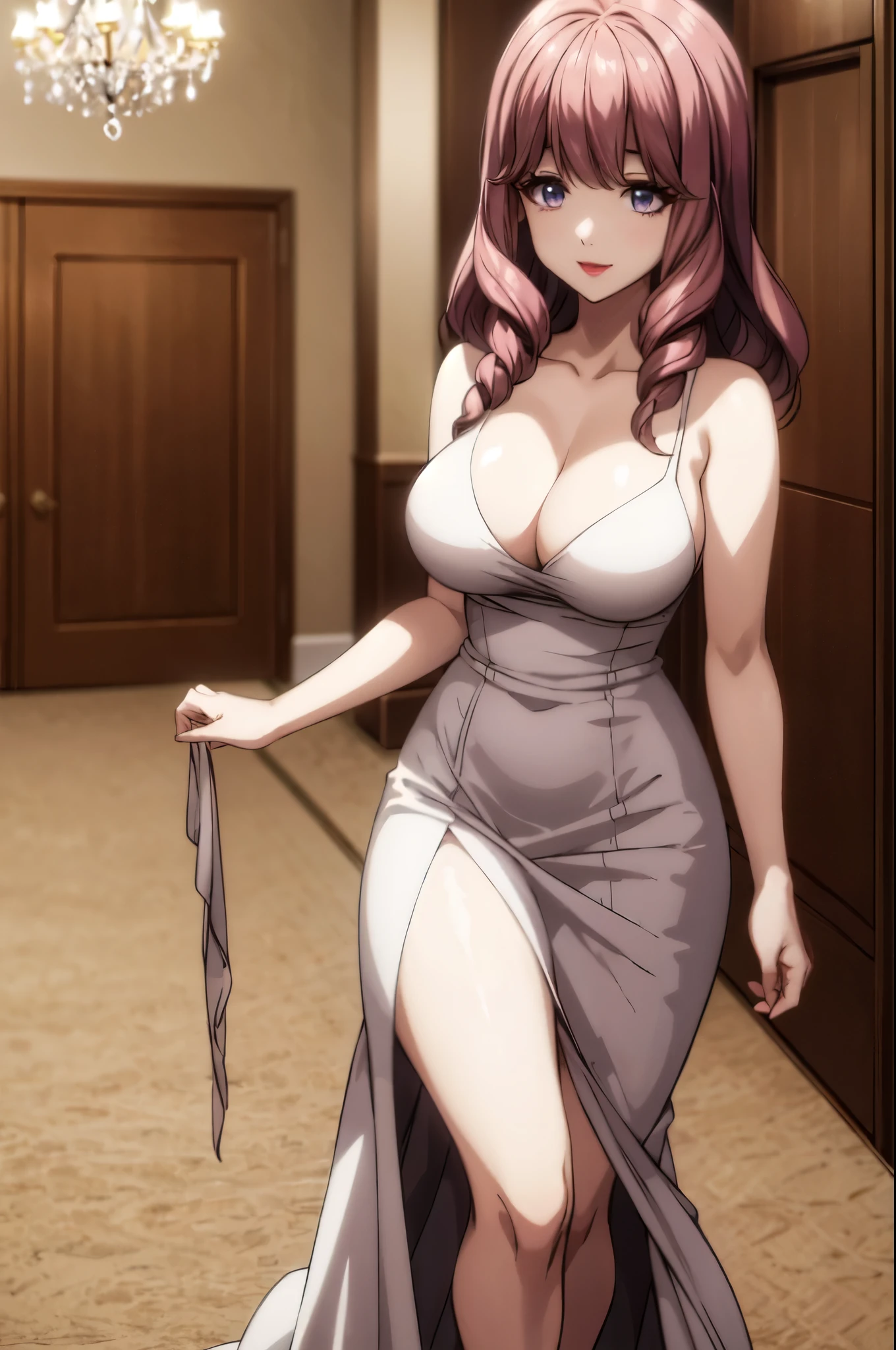 perfect eyes:1.2, detailed eyes:1.4, hall, smile, chandelier, medium hair, Kurayoshi_R, cleavage, large breasts, white dress, long dress, medium full shot, thigh-level shot, 1girl,(masterpiece:1.6, best quality),