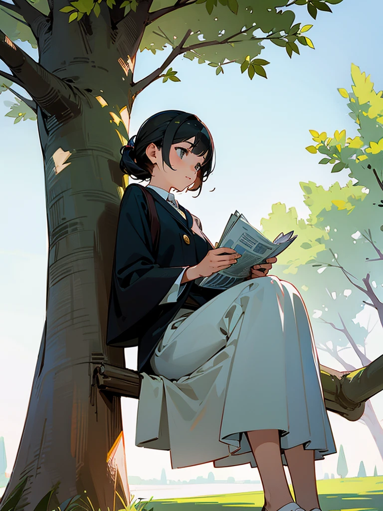 Girl sitting under a tree, reads the newspaper