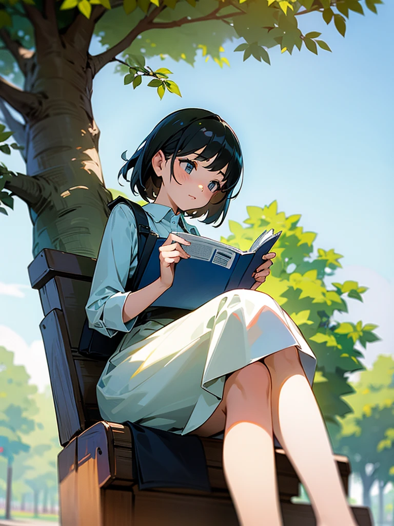 Girl sitting under a tree, reads the newspaper