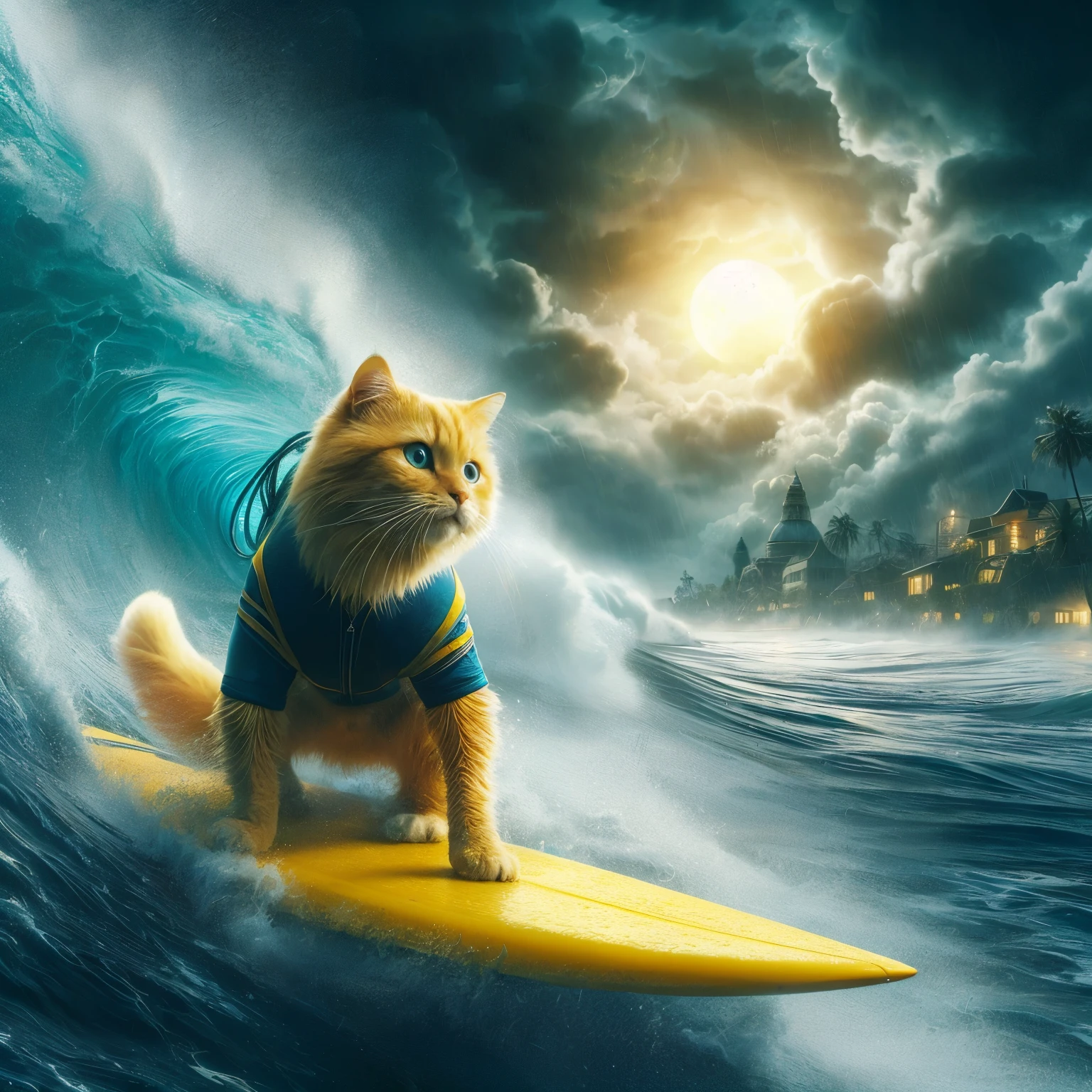 the bravest wild surfboarding yellow cat in a dramatic storm, 8k resolution, all the planets of the universe all the flowers of the sea all the beauty of this glowing earth for only few to see.