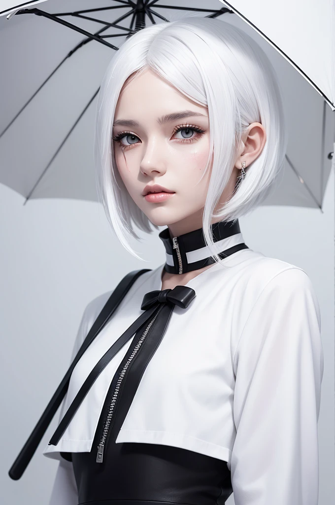 1 character, 2d feminino, anime style art, white clothes with black details, White hair, shorth hair, scar on the face, white umbrella, stylish umbrella, simple art, no realism, Simple sketch, fully body