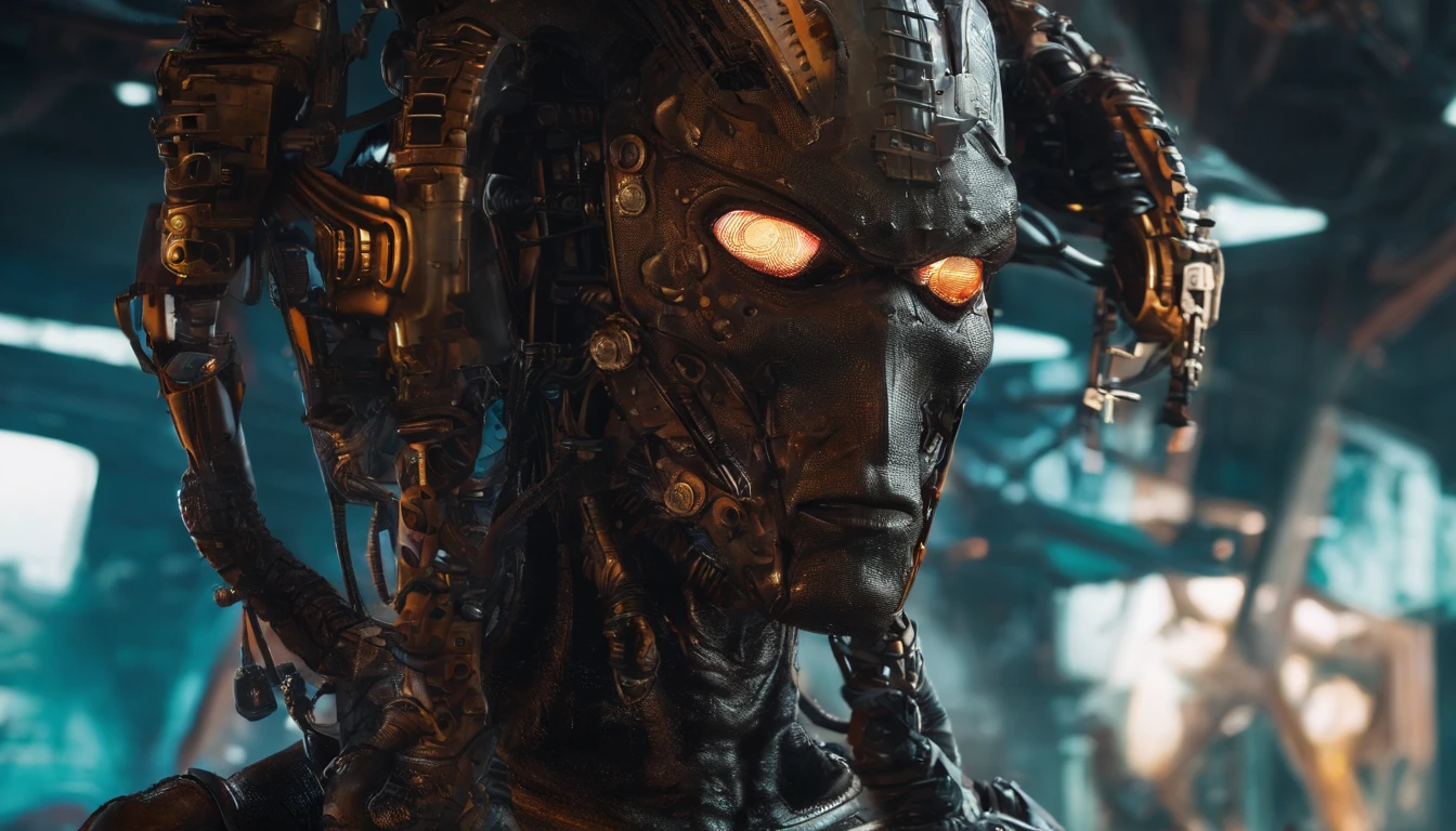 afro man, afro hair, Dark fantasy, cyberpunk, Mechanical Marvel, Robotic Presence, Cyber ​​Guardian, wearing a weathered mechanical suit, intricate, (rusty steel metal), elegant, Bright Focus, shot by Greg Rutkowski, soft lighting, vibrant colors , masterpiece, street, cowboy shot, dynamic pose.