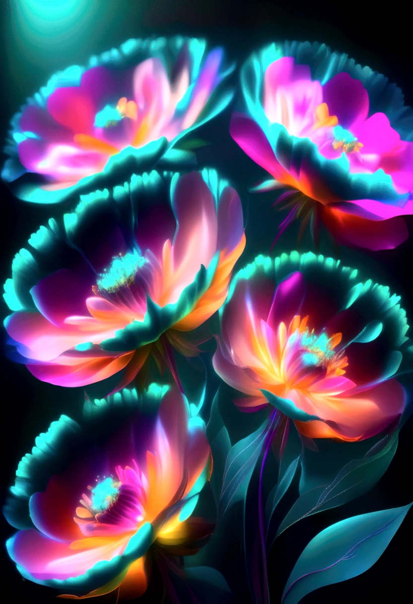 A vibrant and glowing field of neon flowers blooming at night, with bright pink, orange, and purple petals illuminated against a dark background. The leaves are in shades of teal and green, and the scene is enriched with magical lighting effects and lens flares to enhance the surreal atmosphere. The image should capture the ethereal beauty and vivid colors with sharp focus and dynamic contrast, creating a visually stunning and dreamlike landscape.