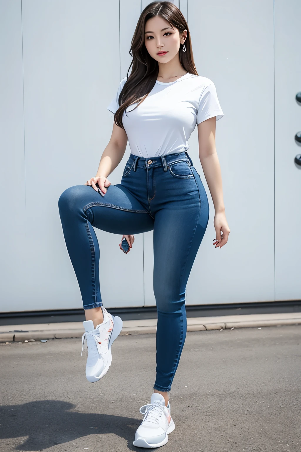 Woman in blue tight jean pants, thick leg, sexy and white sports shoes