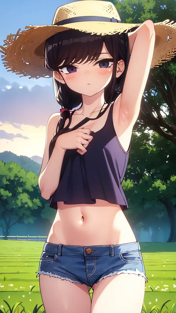 True Face stand alone afternoon bright from the front straight low length Cowboy Shot Place your arms behind your head countryside Beautiful scenery Straw hat Show me your armpit hair Beauty blush Tank top Shorts Summer evening Paddy field Put your hands behind your head the navel is slightly visible About elementary school student