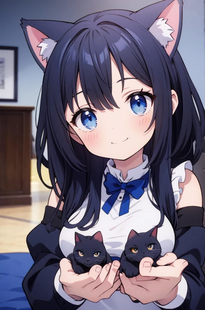 anime girl vtuber black hair blue eyes, in a blue room with gothic clothing cat ears smiling with a cat in her hands
