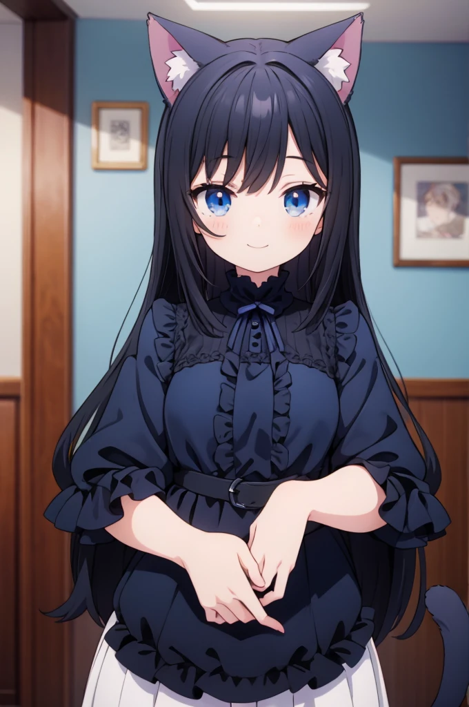 anime girl vtuber black hair blue eyes, in a blue room with gothic clothing cat ears smiling with a cat in her hands
