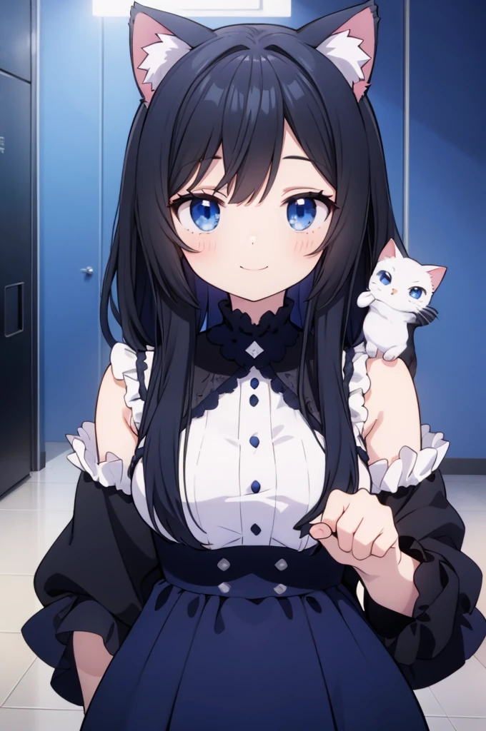 anime girl vtuber black hair blue eyes, in a blue room with gothic clothing cat ears smiling with a cat in her hands