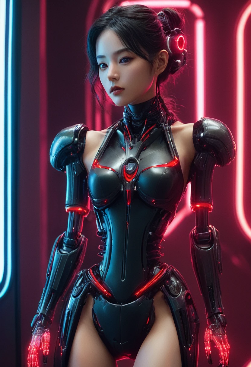 xxmixgirl. Highly detailed professional 35mm film, bokeh, face in sharp focus. A robotic female, Miku, with ((metal skin)), ((perfect Asian eyes)) with magenta irises and ((black pupils)), beautiful serious (detailed face), 18 year old ((photorealistic face)), very long magenta twin tails of magenta hair, twin black hair ties with a single red stripe. She may have a black audio headpiece. We can see her ((full body)) down to her boot soles. Her outfit is a sleeveless collared light grey shirt, outlined in red around the frilled collar and hems. Shiny reflective ((metallic breast cups, dimpleless)), invisible nipples. She wears black sleeves with red hems that start around her upper arm and bellow out as the sleeves open and extend to her wrists, with wide trumpet red rimmed cuffs. She has perfect robotic (detailed hands). She wears a red colored tie with two horizontal solid parallel black lines halfway across. She wears a fabric black skirt with a horizontal red hem at the bottom all the way around; her (((black skirt wraps around her))) and ((her skirt completely covers)) her robotic waist and thighs. Tall black boots with red bottom soles, a red rim around the top at her thighs. Her mechanical shoulder joints are visible. We can see her robotic legs and robotic neck. Half of her is covered with shiny polished machinery. The background is a distant dark neon futuristic Japanese city, gold, cyan, violet neon, near harbor or mountains.