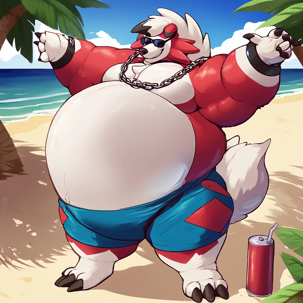 score_9_up, solo, male Lycanroc, anthro, male, pokemon, pokemon \(species\), generation 1 pokemon, sunglasses on head, chain necklace, bracelet, shirtless, swim shorts, smiling, holding soda can, beach, inflated arms, inflated legs, hyper inflation