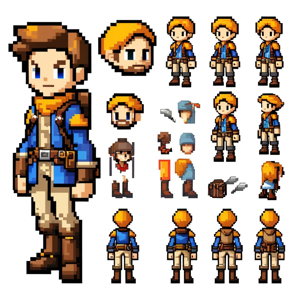 Pixel art,pixel art,Create an original character design sheet,main character of the game,boy,juvenile,adventurer's outfit,natural perm,musical instrument,bard,((3 views,whole body, background,multiple views,High resolution)),multiple views,multiple poses,Active,action pose,dynamic,nice,cute,masterpiece,highest quality,In detail,Gracefully,RPG,Famicom,Multiple characters,multiple outfits,Final Fantasy,boldly,