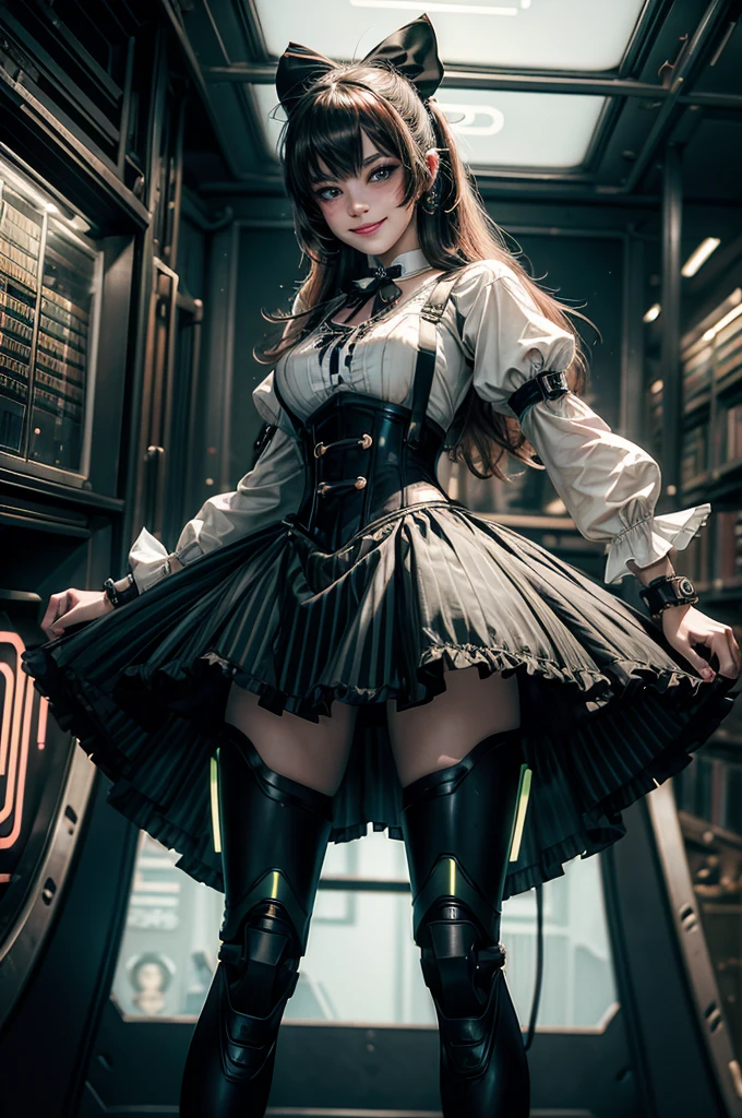 1girl, solo, cowboy shot, smile, underbust, Penny Polendina, long hair, neck ribbon, suspender skirt, corset, black bow, white blouse, mechanical legs, neon trim, indoors, standing, in cyberpunk library, crowd, (crowd wearing cyberpunk fashion)