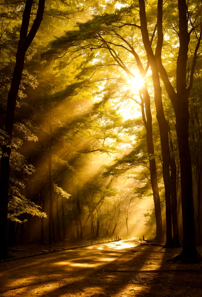 in the forest、wood々The soft sunlight filtering through、The pleasant chirping of birds from afar、Landscape images