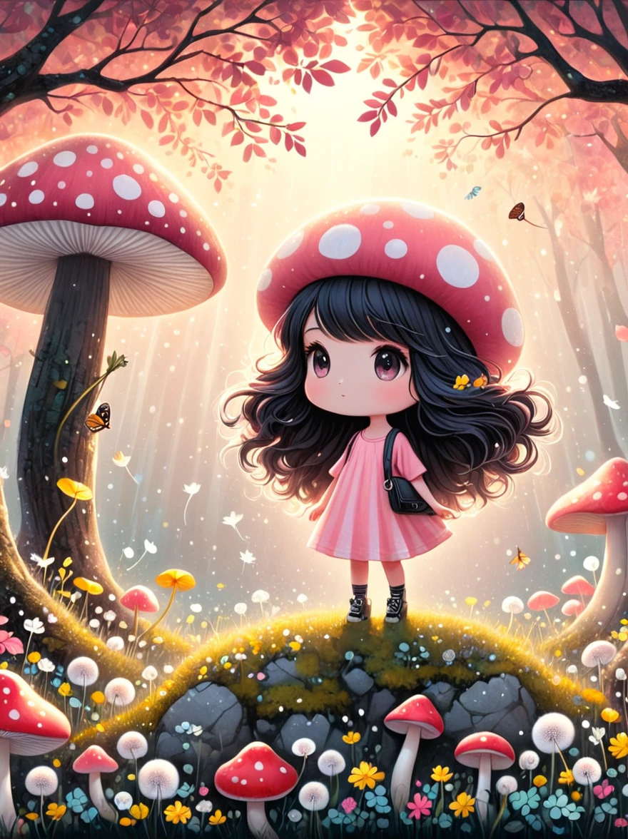 Cute cartoon boy, whole body,Mushroom floating, Pink and white color scheme, sharpie illustration, Thick lines, Grunge rock style beauty, Blending Mode, in the style of Amanda clark, Evgeni gordiets, illustration, 1 nhbm 1