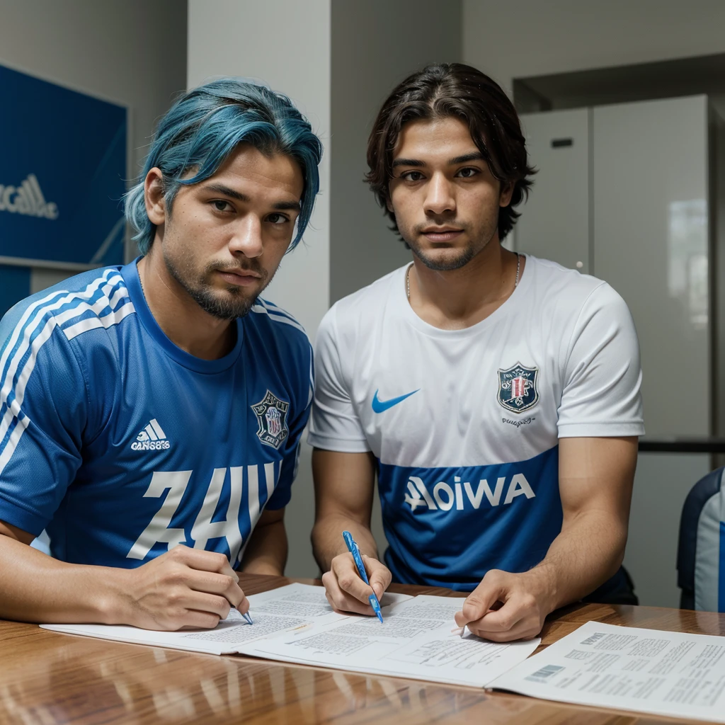 Create an ultra-realistic image of a young football player signing a contract with Flamengo. The player is white and has beautiful blue hair and a beautiful blue beard. The player is sitting at the table, holding a pen and looking directly at the camera, wearing a Flamengo Regatta Club shirt. Ao fundo, a panel with Flamengo logos, Nike e Gatorade, highlighting the importance of the moment of signing the contract with the club.