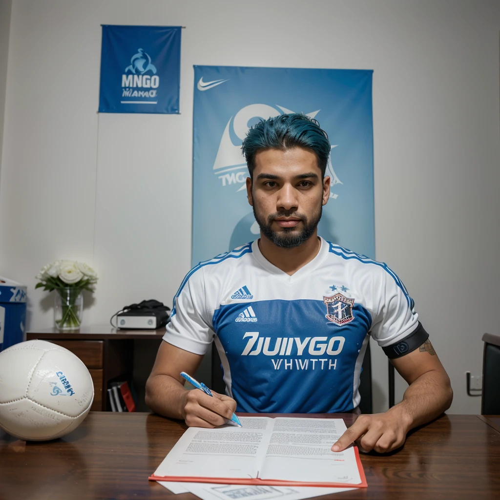 Create an ultra-realistic image of a young football player signing a contract with Flamengo. The player is white and has beautiful blue hair and a beautiful blue beard. The player is sitting at the table, holding a pen and looking directly at the camera, wearing a Flamengo Regatta Club shirt. Ao fundo, a panel with Flamengo logos, Nike e Gatorade, highlighting the importance of the moment of signing the contract with the club.